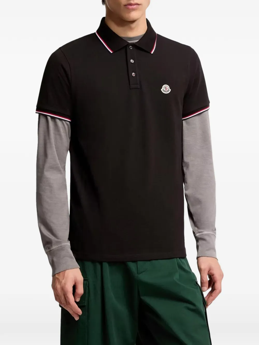 Moncler tricolor-trimmed cotton piquet polo shirt Zwart