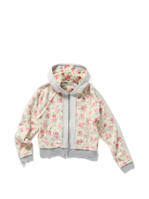 PERVERZE floral-print distressed zip-up hoodie