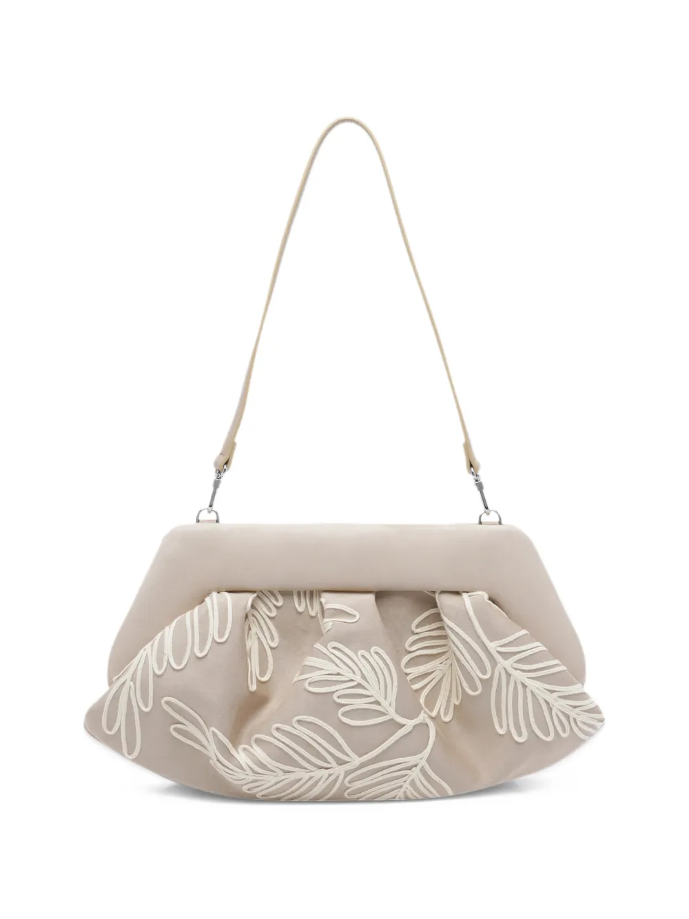 Themoirè medium Bios leaf-embroidered gathered shoulder bag Beige