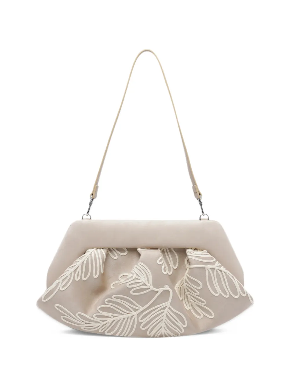 Themoirè medium Bios leaf-embroidered gathered shoulder bag Beige
