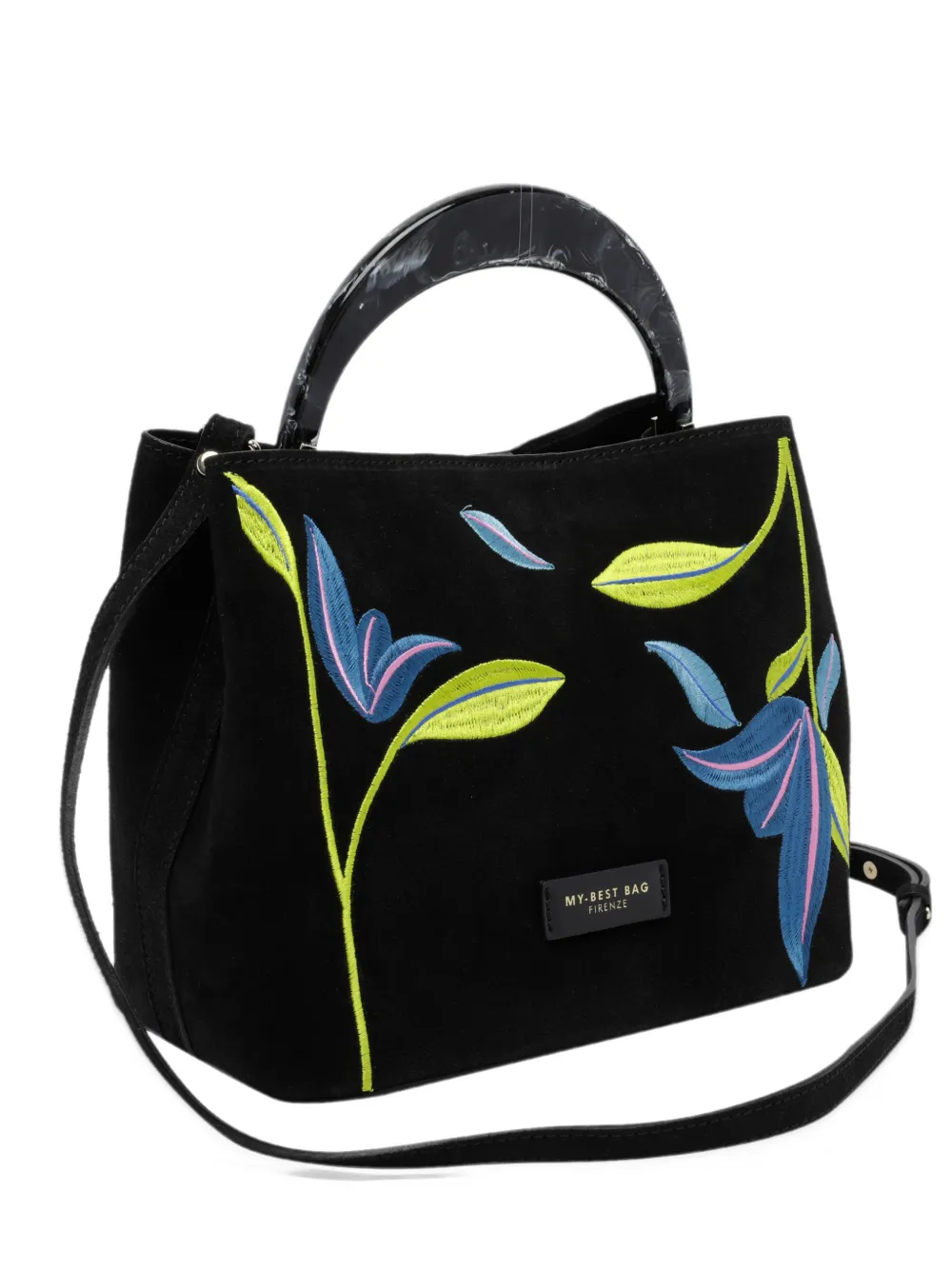 MY BEST BAG Ingrid floral-embroidered suede tote bag Zwart