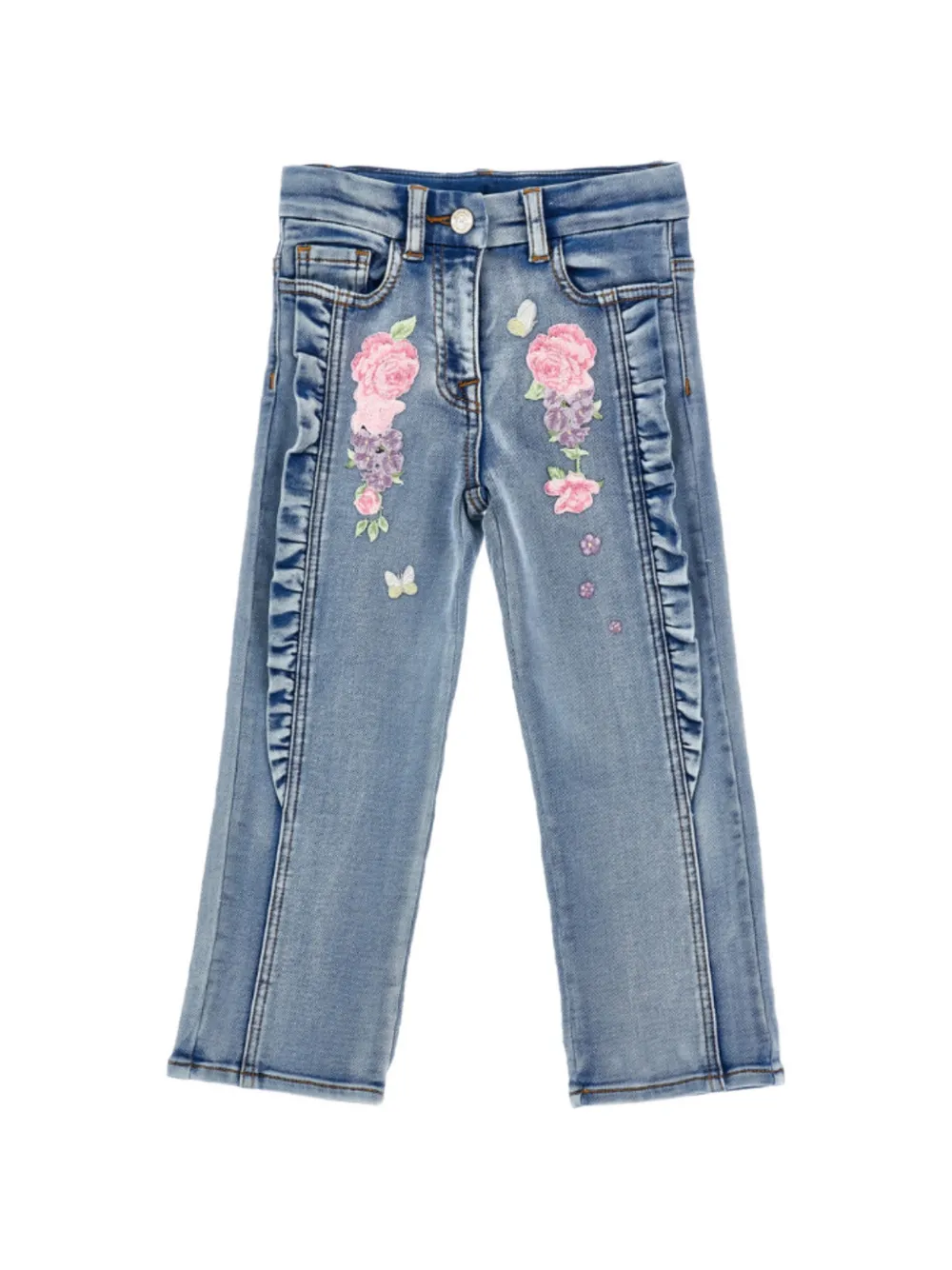 Monnalisa floral-embroidered ruffled jeans Blauw