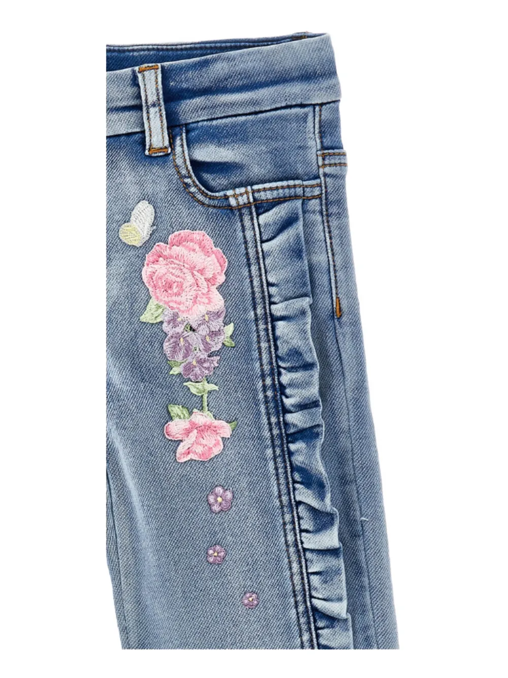 Monnalisa floral-embroidered ruffled jeans Blauw