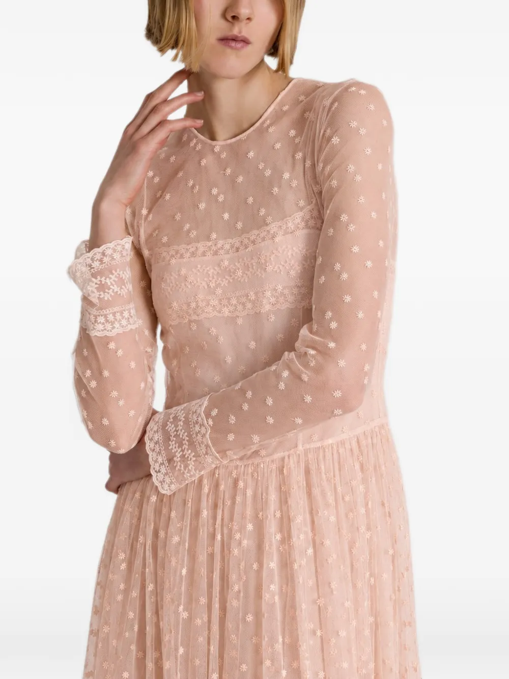 Alberta Ferretti embroidered lace-trim midi dress Roze