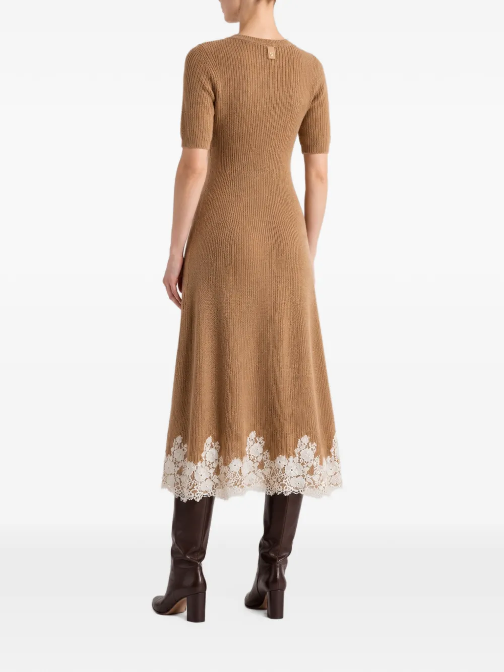 Alberta Ferretti lace-trim ribbed-knit midi dress Beige
