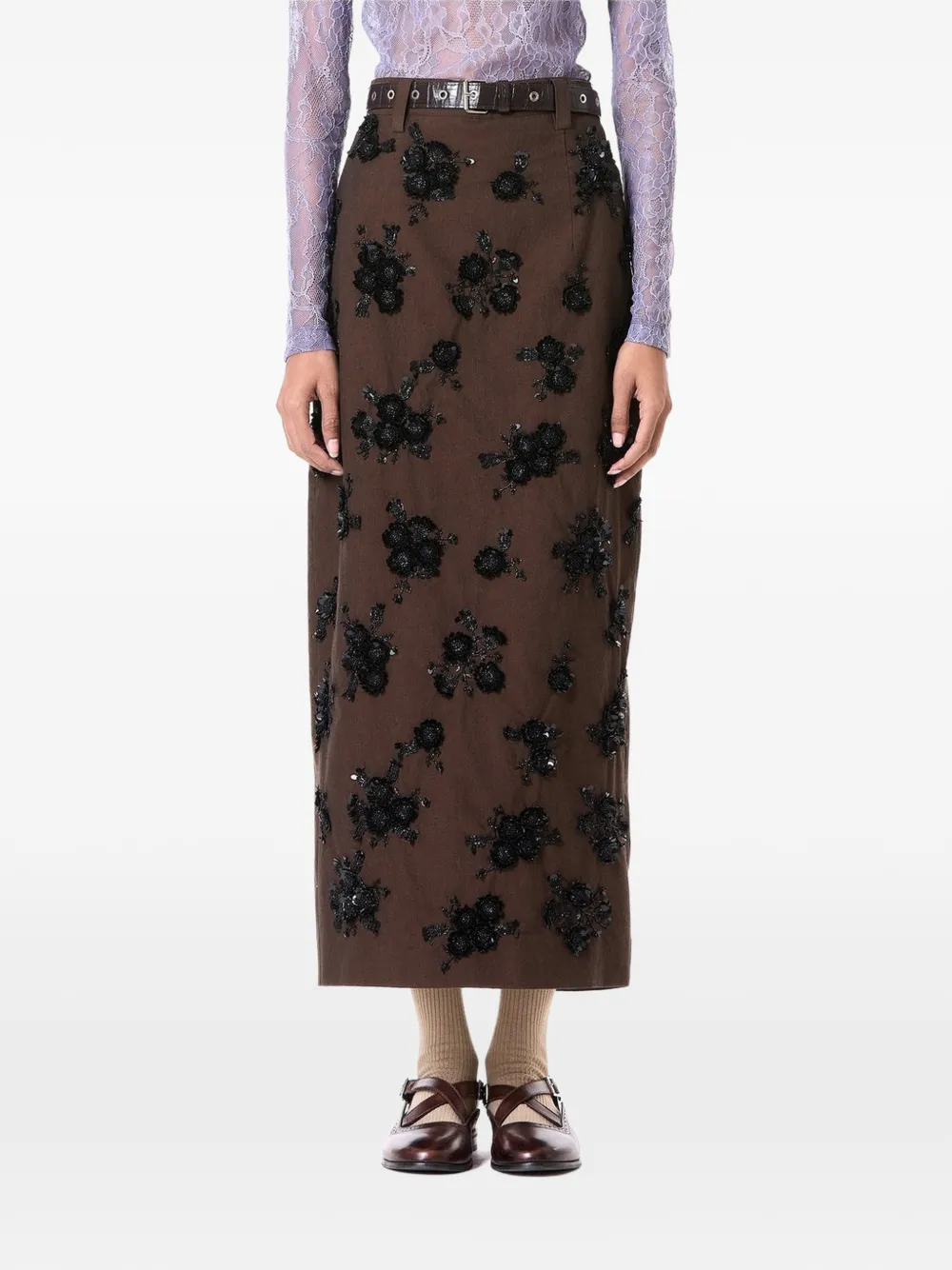 DHRUV KAPOOR floral-embellished sequined midi skirt - Marrone