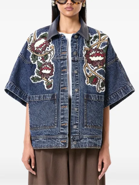 DHRUV KAPOOR floral-embroidered leather-collar denim jacket