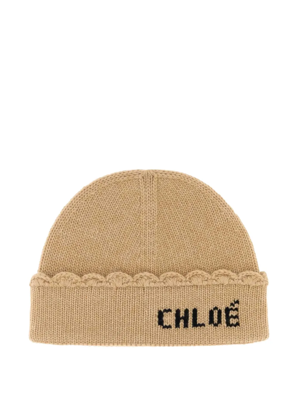 Chloé logo-embroidered scalloped beanie hat Beige