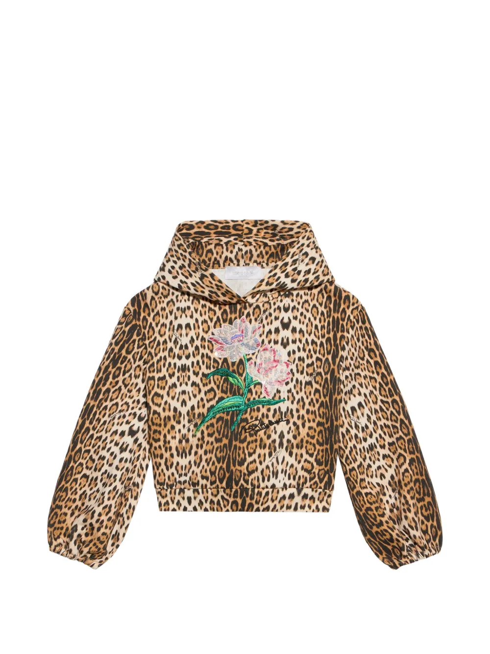 Roberto Cavalli Junior leopard-print floral-embroidered hoodie Beige