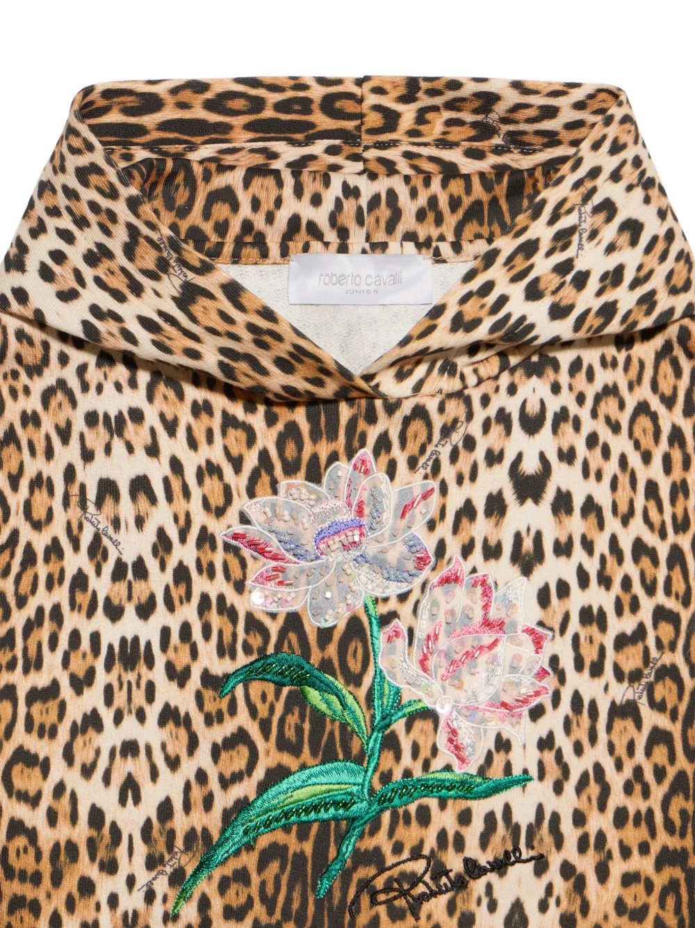 Roberto Cavalli Junior leopard-print floral-embroidered hoodie Beige