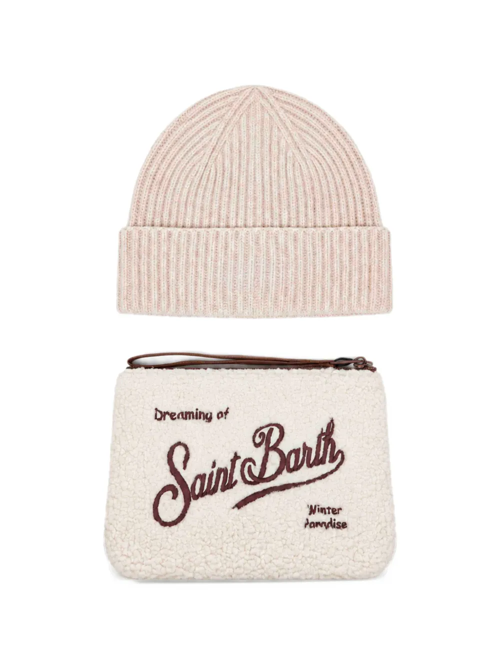 MC2 Saint Barth beige Teddy pochette and beige beanie set