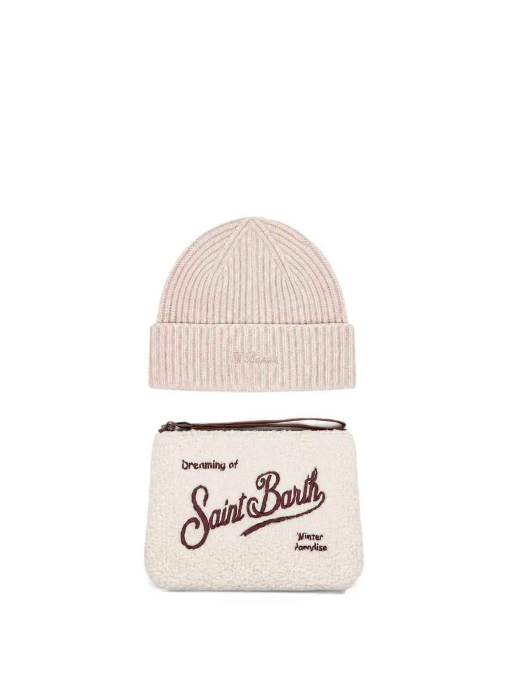MC2 Saint Barth beige Teddy pochette and beige beanie set