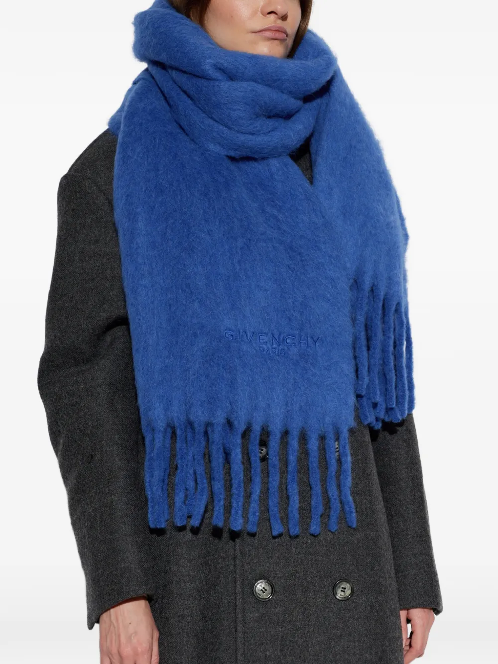 Givenchy logo-embroidered fringed scarf Blauw