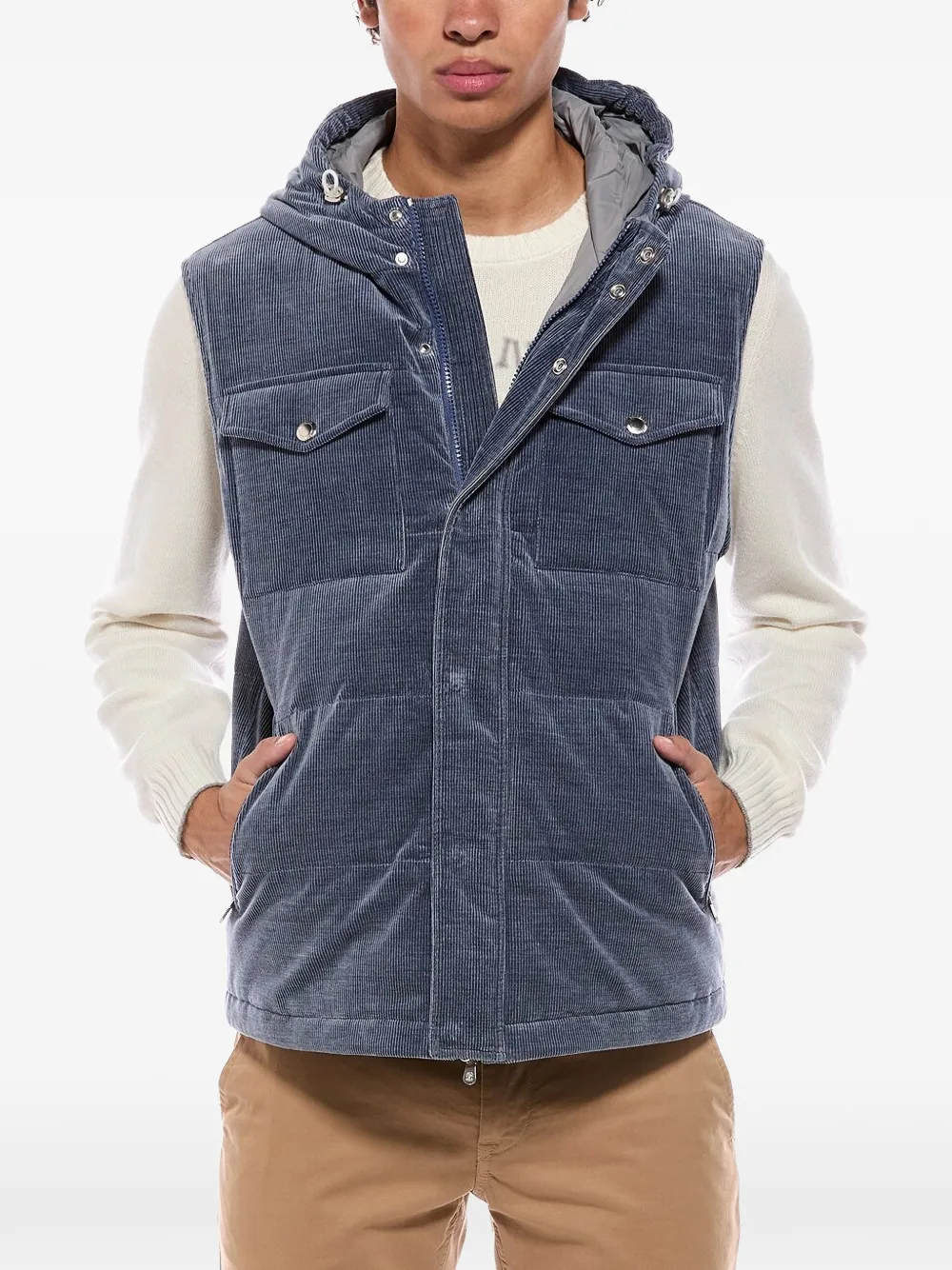 Brunello Cucinelli Ribfluwelen bodywarmer met capuchon Blauw