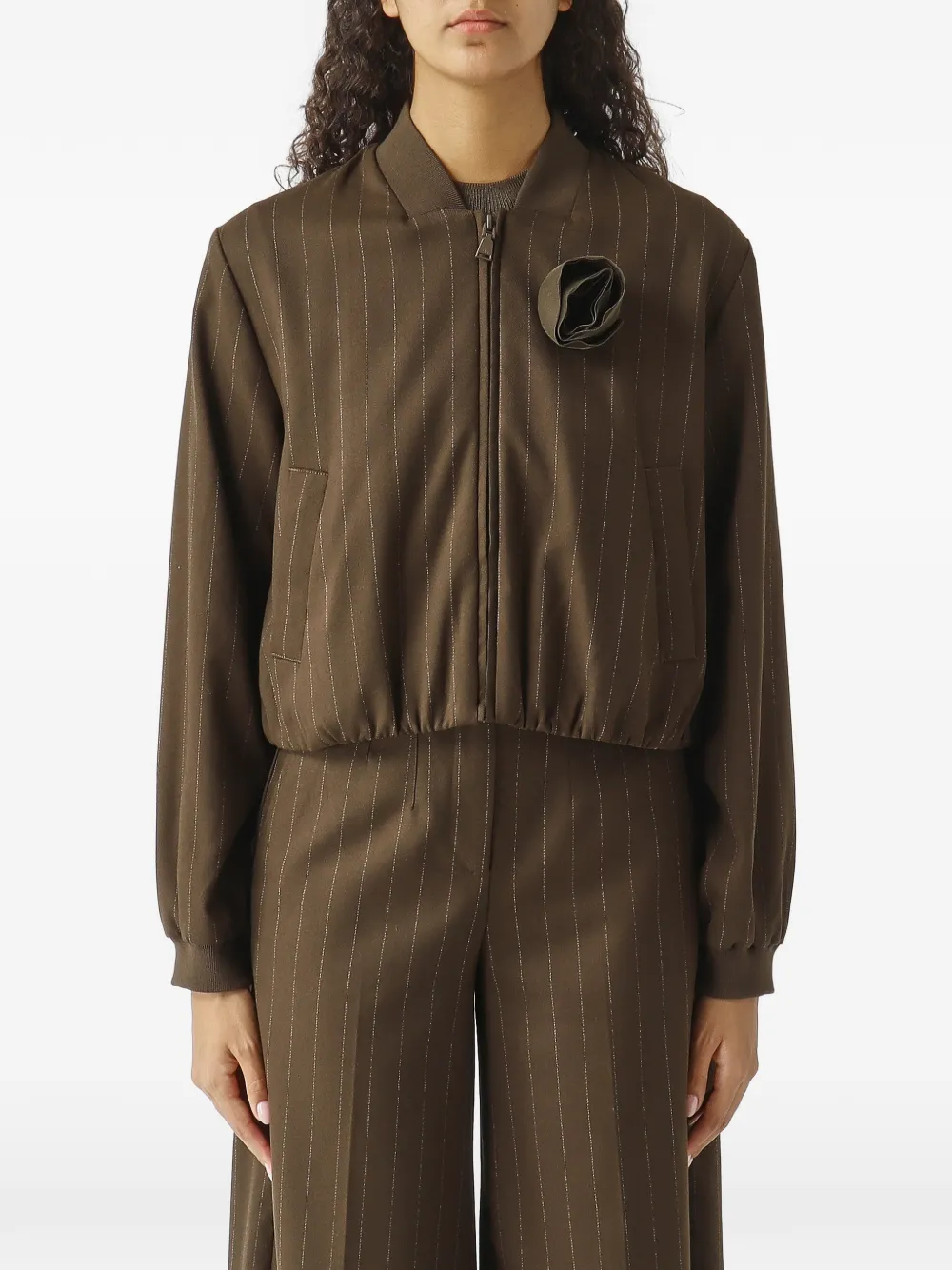 Nenette Bryanir pinstripe-print floral-appliqué jacket Bruin