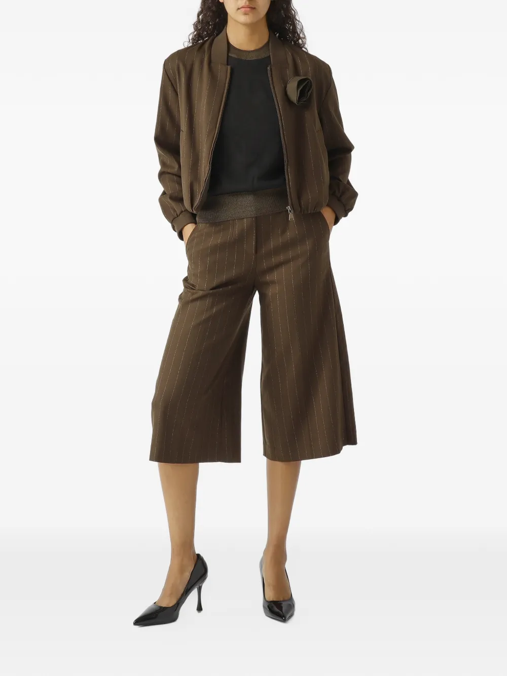 Nenette Bryanir pinstripe-print floral-appliqué jacket Bruin