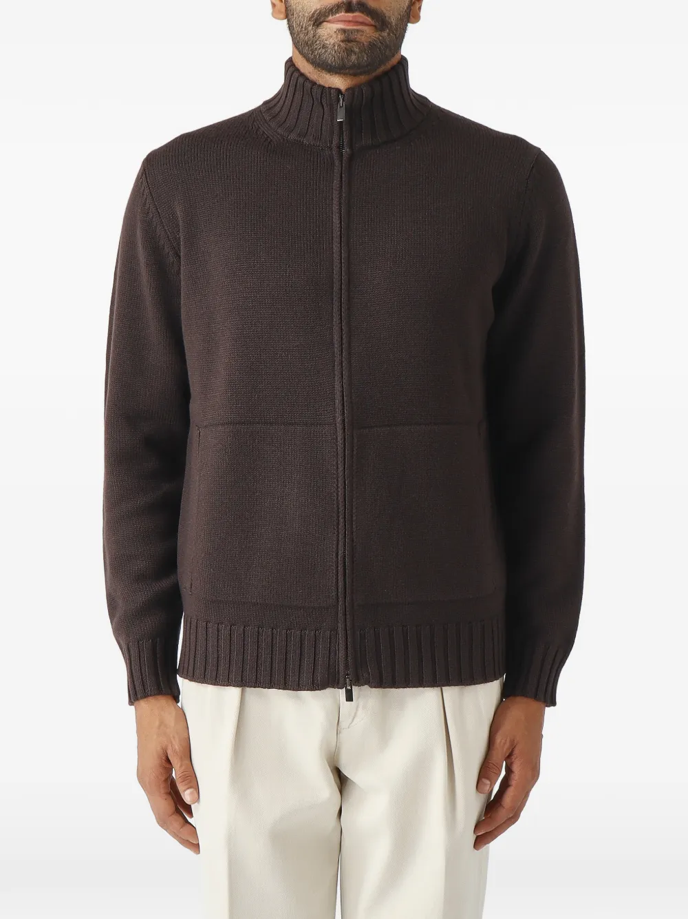 Filippo De Laurentiis zip-up ribbed-trim cardigan Bruin