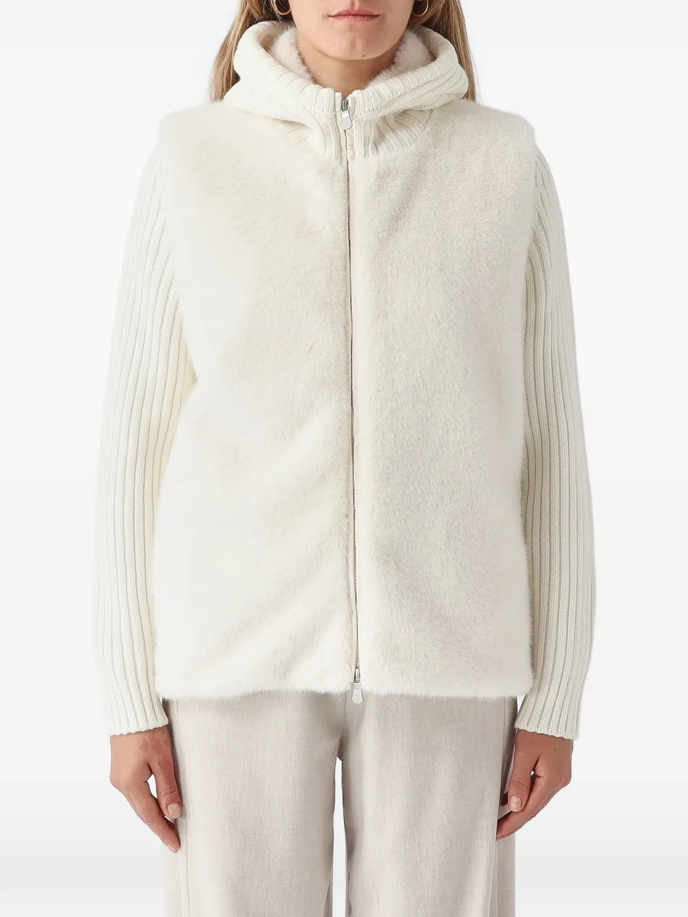 Gran Sasso ribbed-knit faux-fur hooded jacket - Bianco