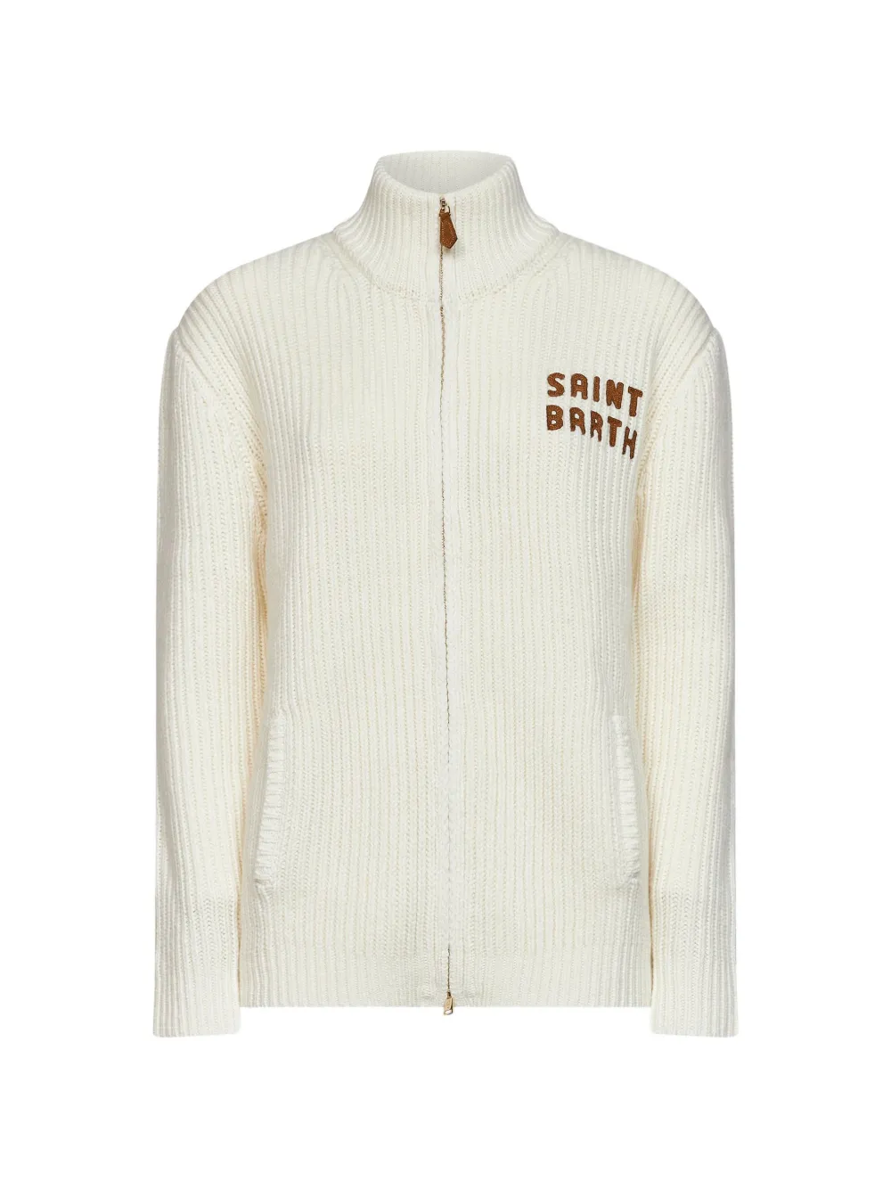 MC2 Saint Barth off white Noire wool blend full-zip knit with logo embroidery sweater Beige
