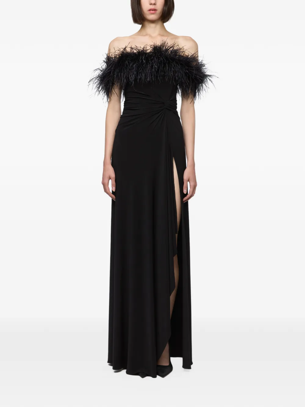 Atu Body Couture feather-trim cold-shoulder maxi dress - Nero