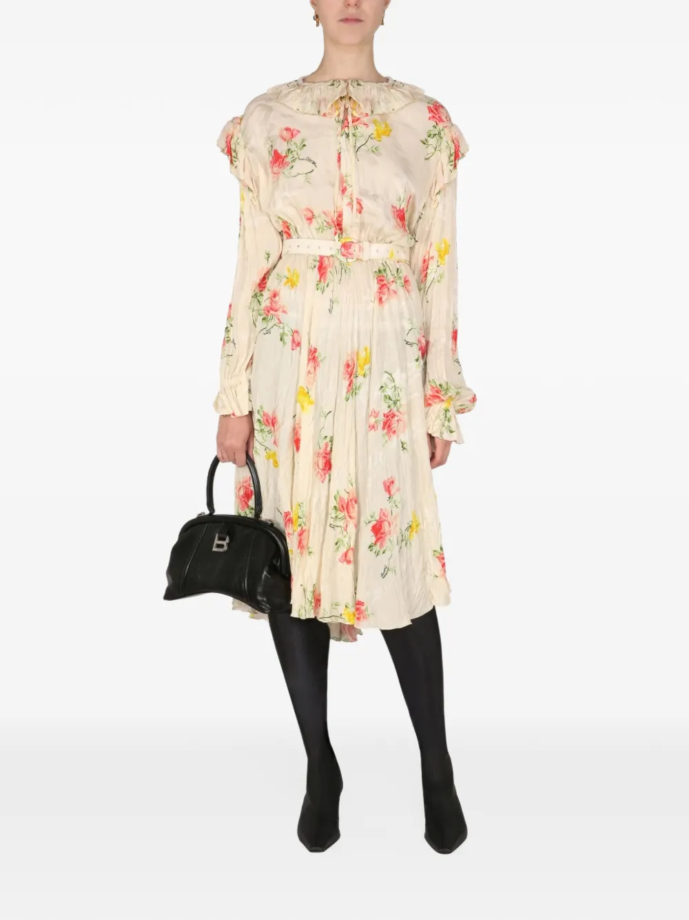 Balenciaga floral-print ruffled silk dress Beige