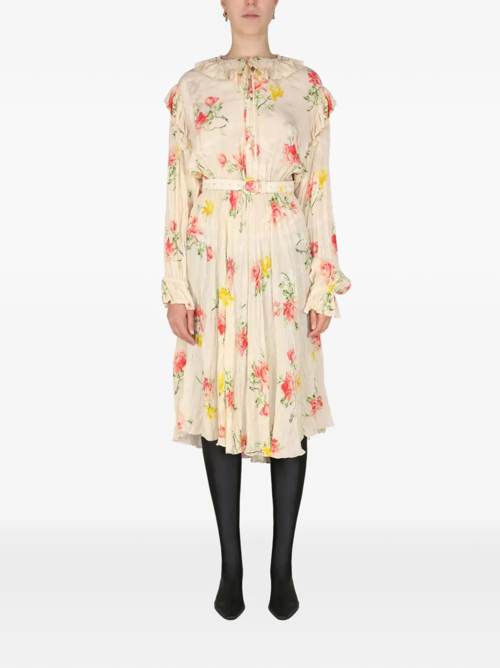 Balenciaga floral-print ruffled silk dress Beige