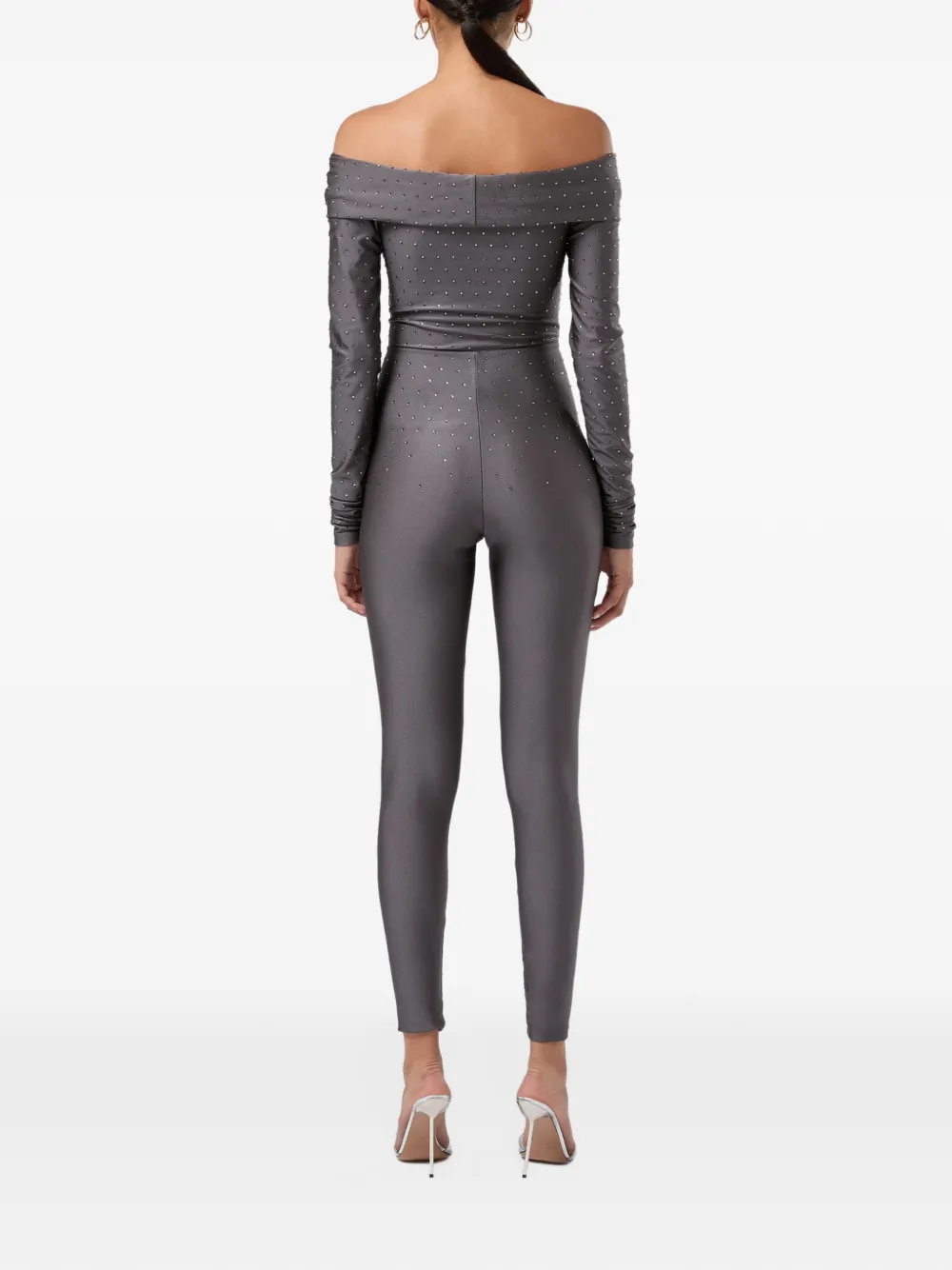THE ANDAMANE Kendall Crystal off-shoulder jumpsuit Grijs