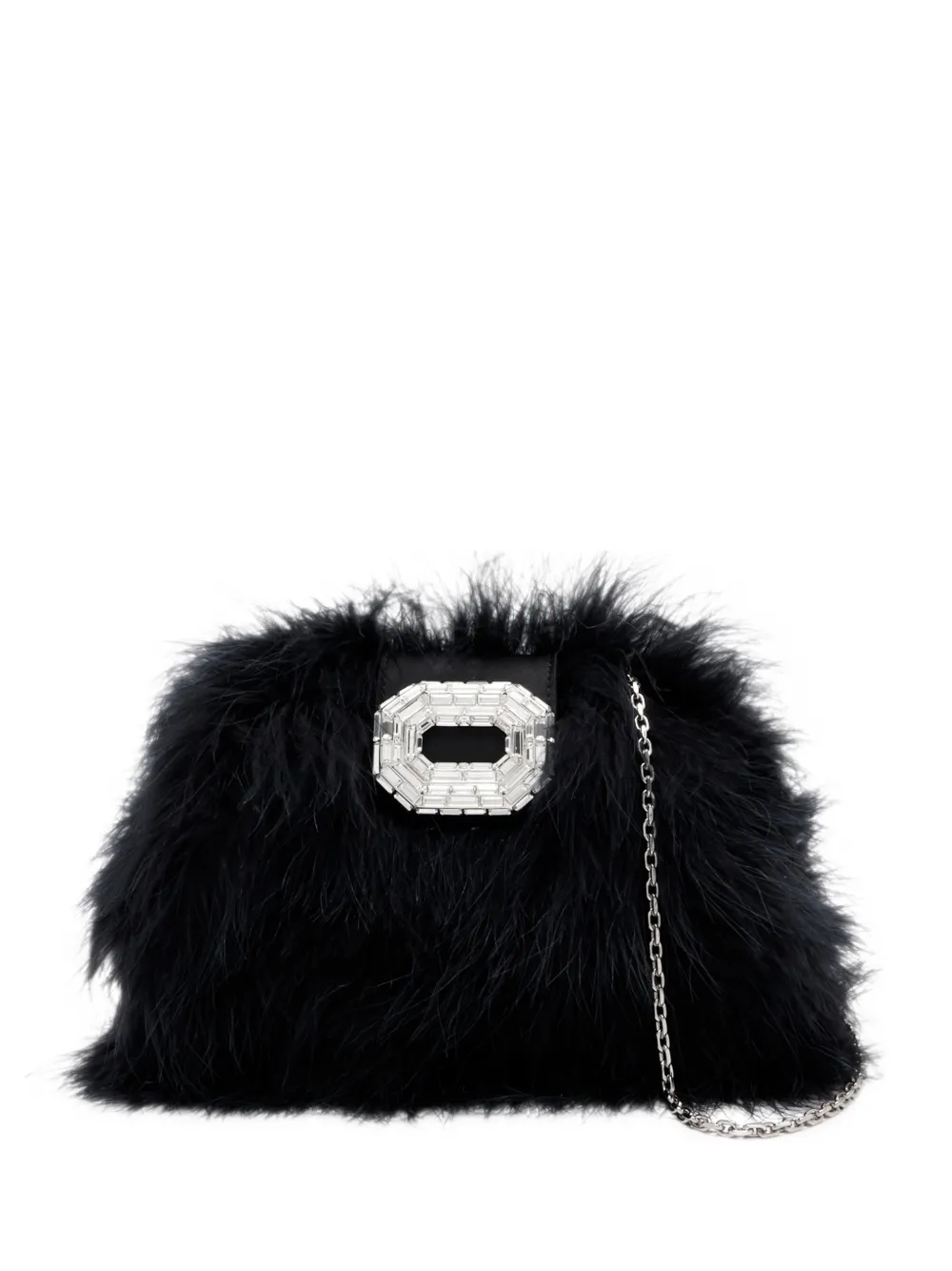 Amina Muaddi Camelia feather clutch black feather silver hardware Zwart