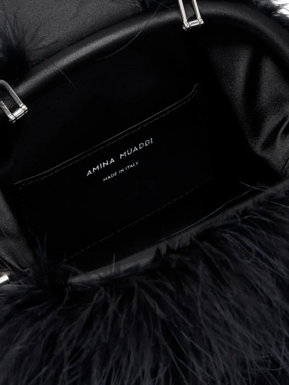 Amina Muaddi Camelia feather clutch black feather silver hardware Zwart