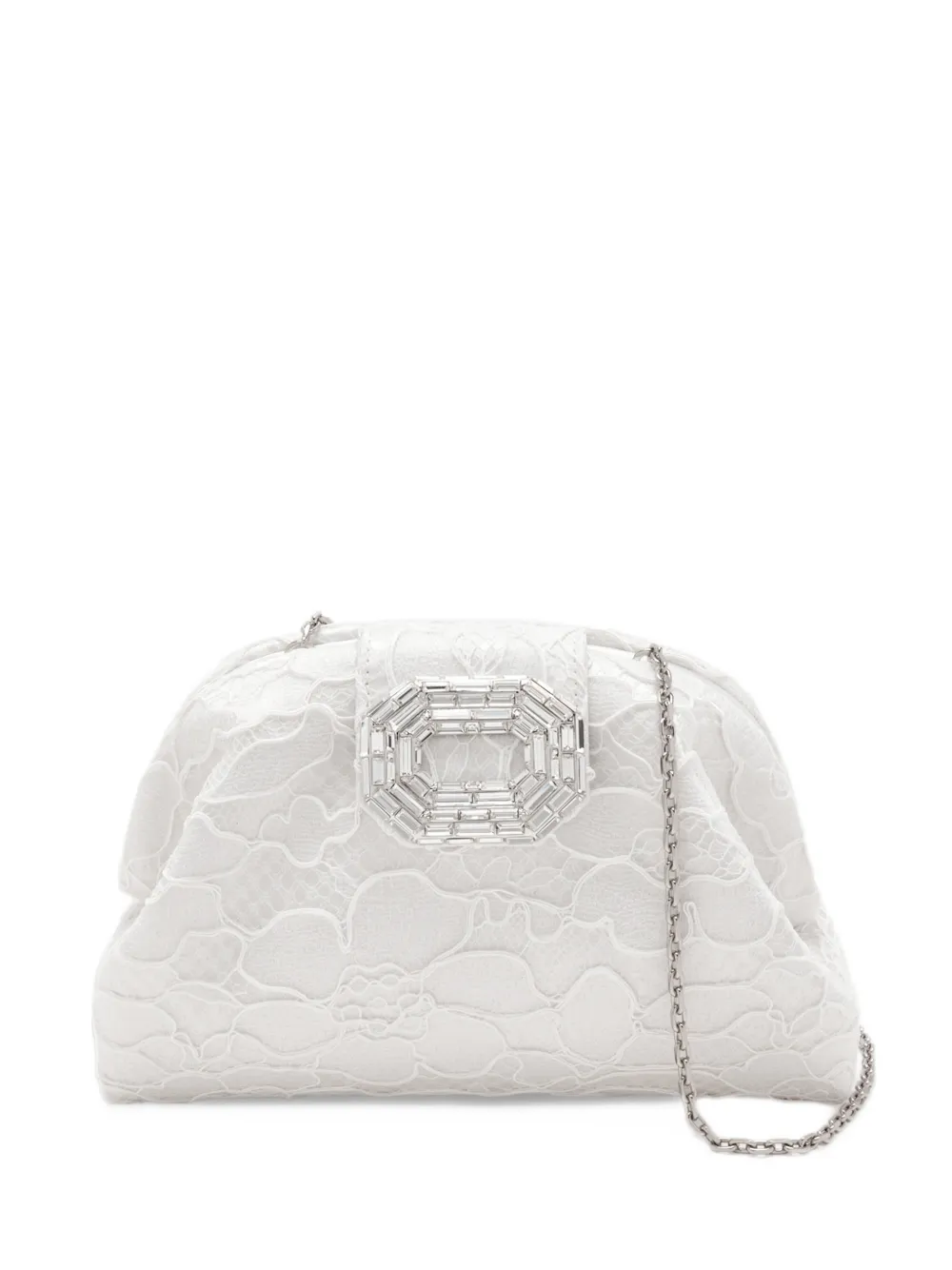 Amina Muaddi Camelia lace clutch ivory lace and ivory satin silver hardware - Toni neutri