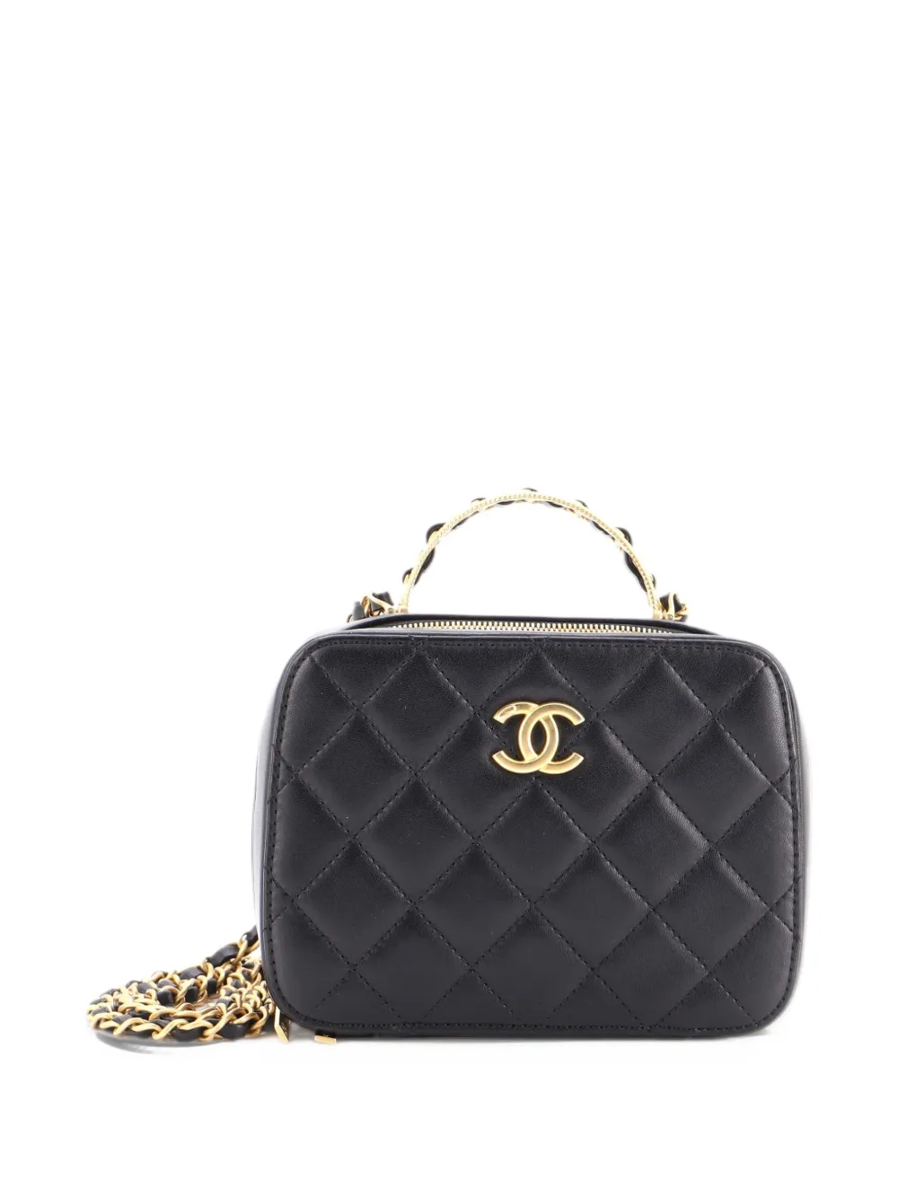 CHANEL Pre-Owned CC Chain Handle Zip Around Vanity Case with Chain Quilted Lambskin Small pouch - Black