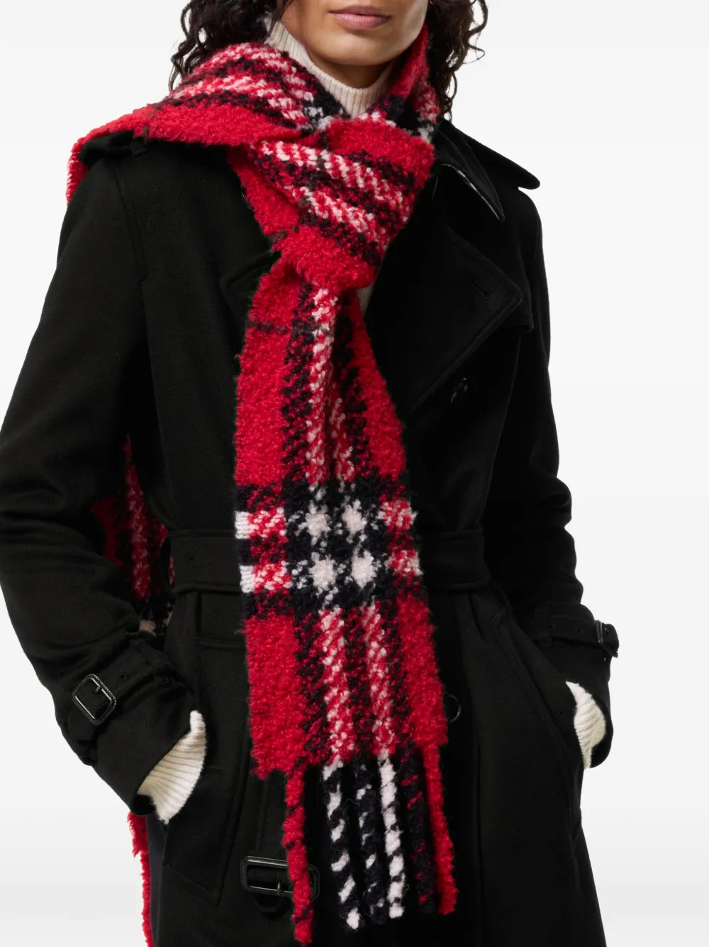 Burberry narrow Check alpaca wool-blend bouclé Scarf Rood