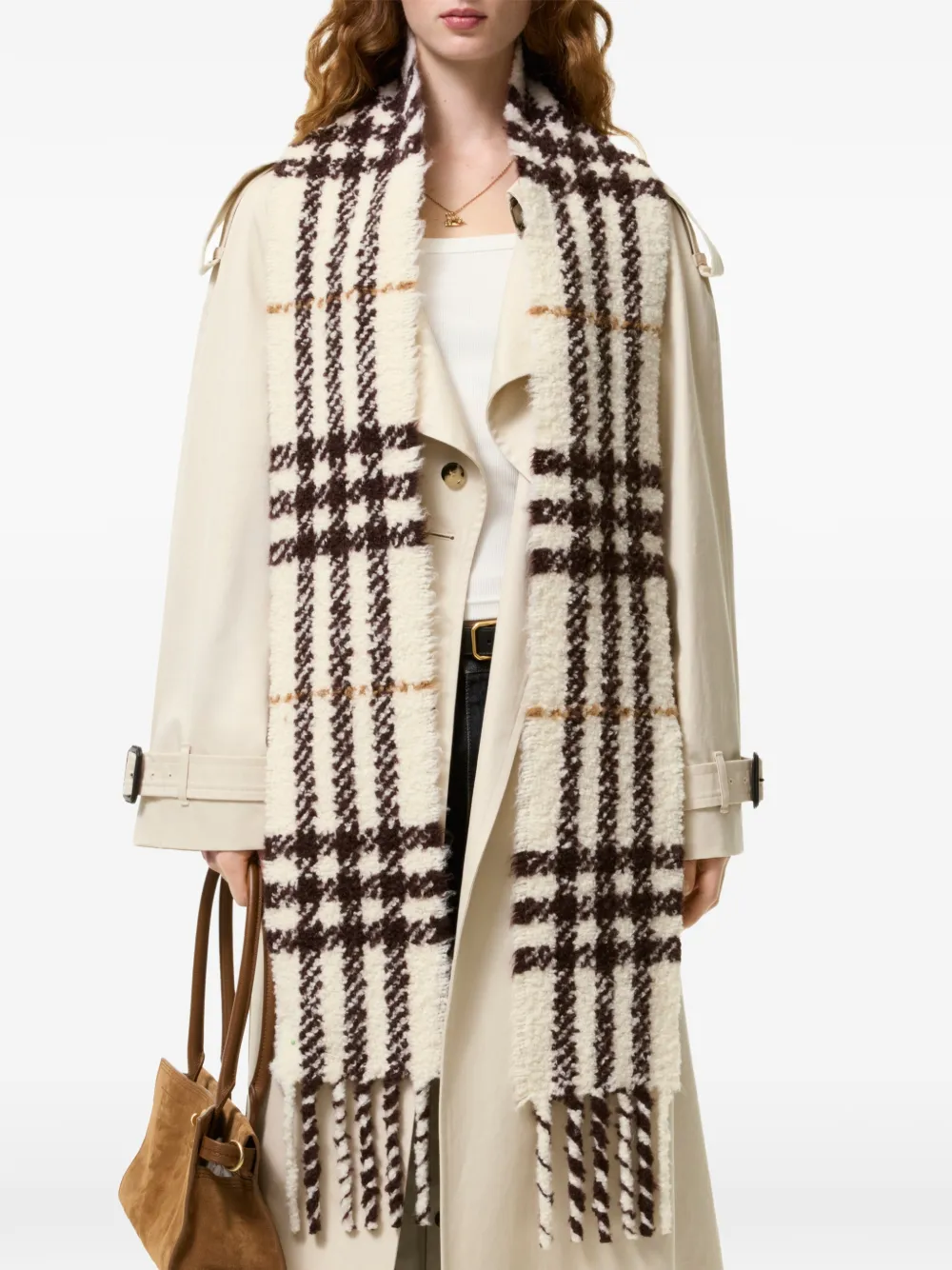Burberry narrow Check alpaca-wool-blend bouclé scarf Beige
