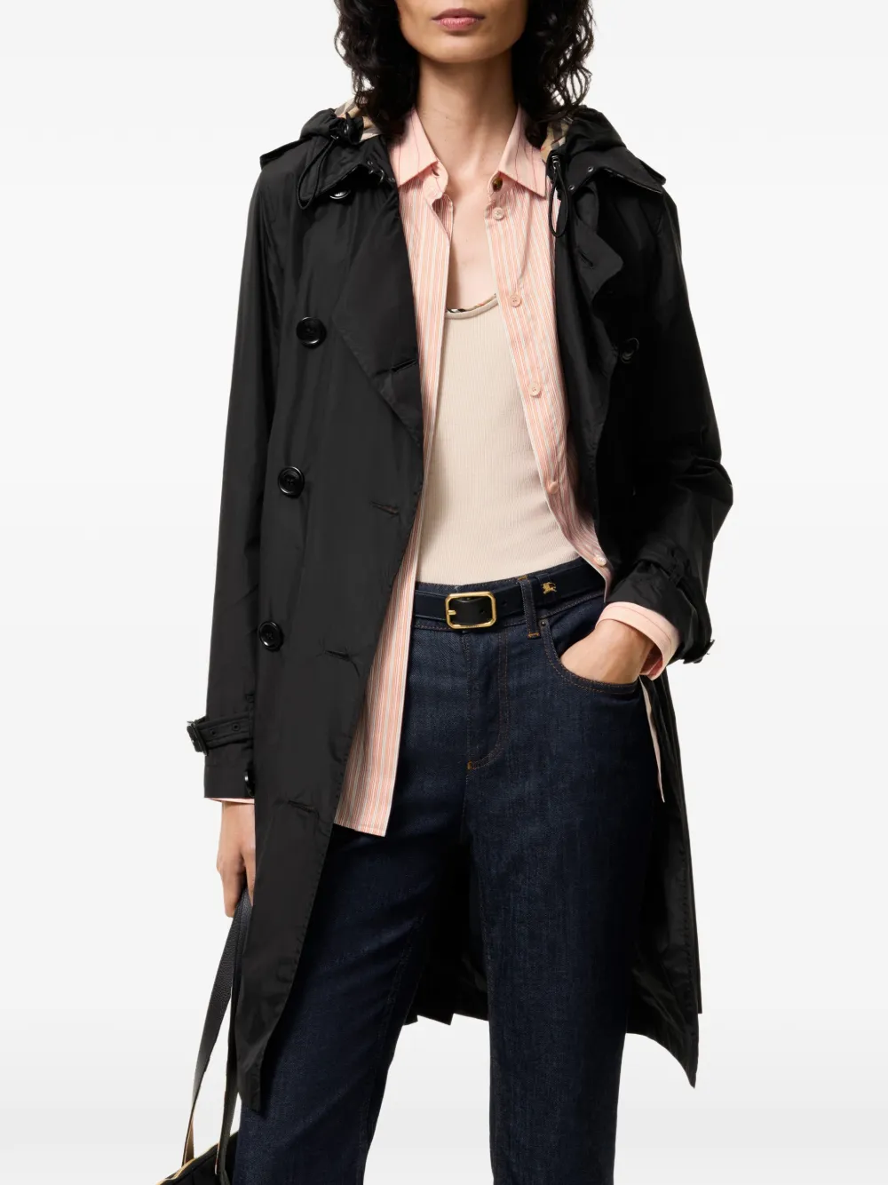 Burberry mid-length nylon Kensington hooded trench coat Zwart