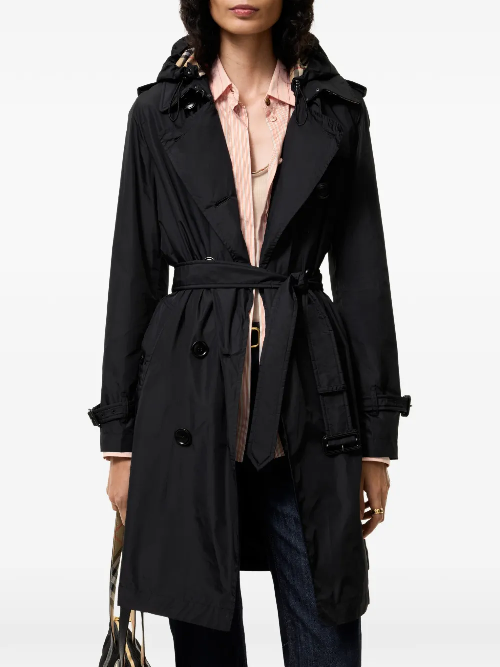 Burberry mid-length nylon Kensington hooded trench coat Zwart