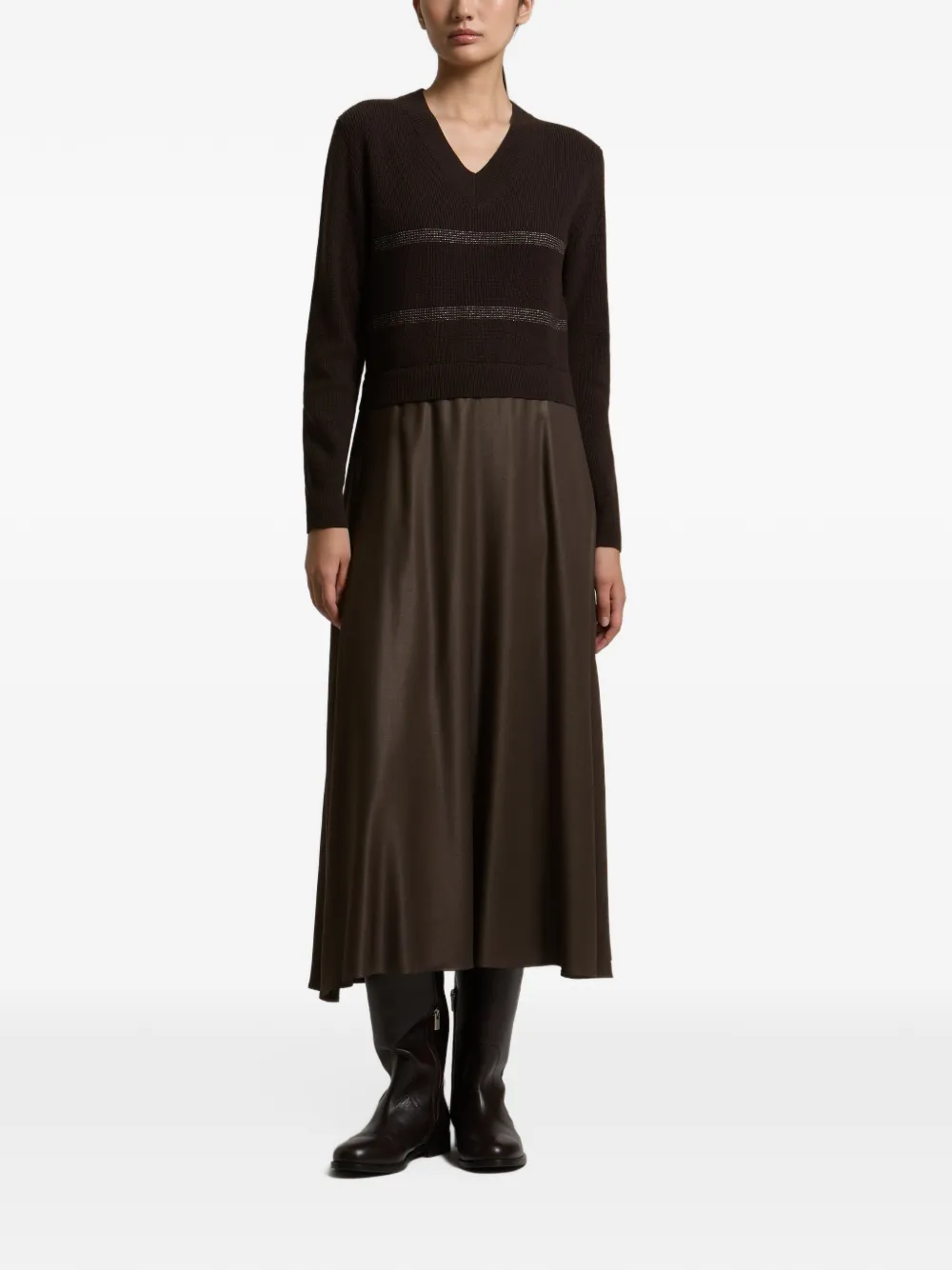 Peserico mixed-media lamé-stripe maxi dress Bruin