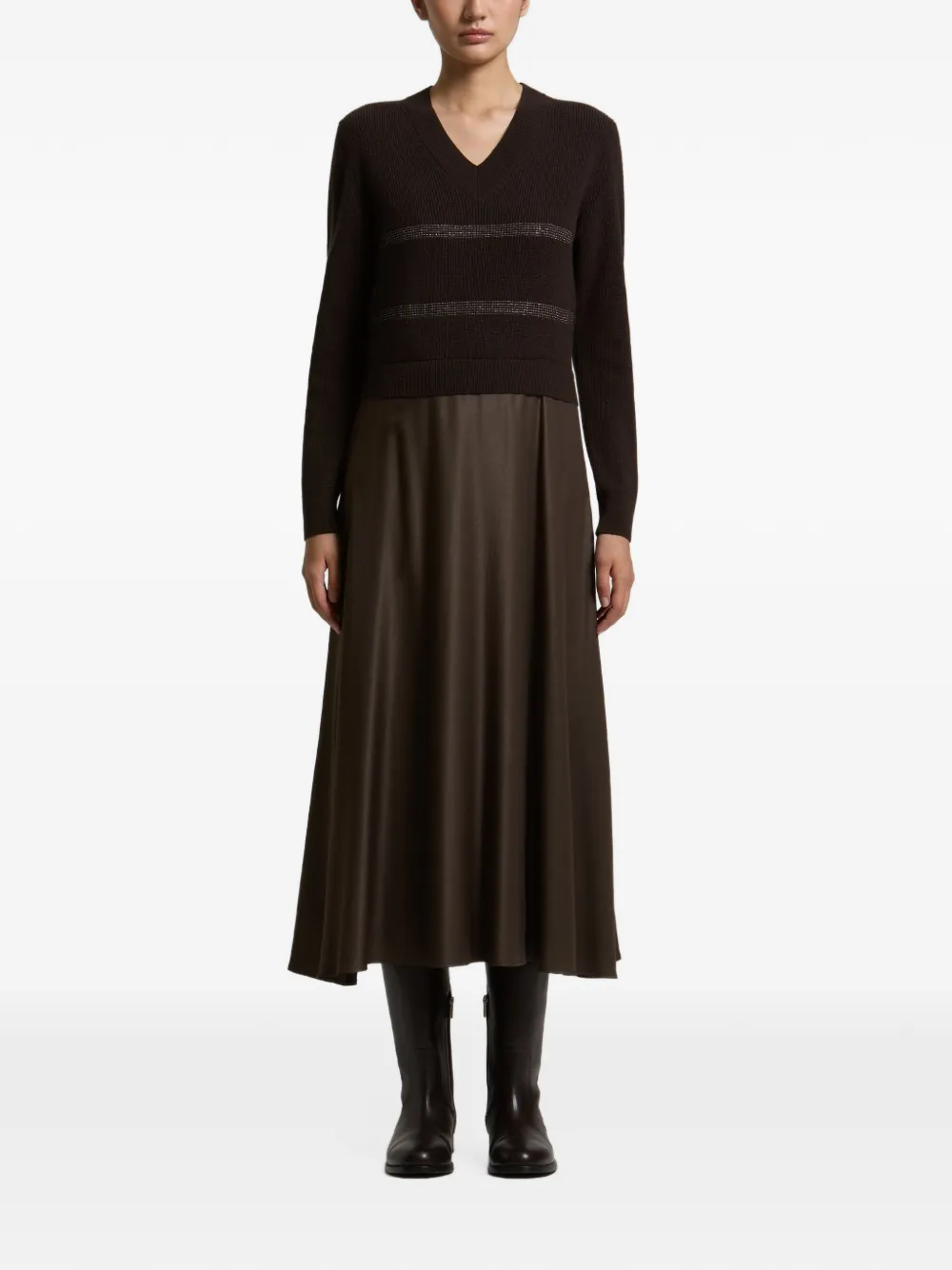 Peserico mixed-media lamé-stripe maxi dress Bruin