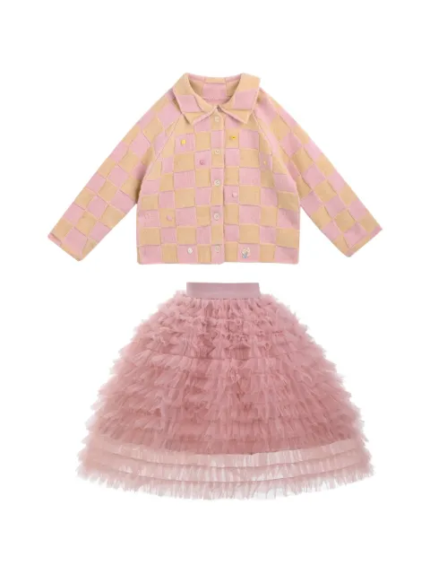 Sweet Cactus checkered ruffled cardigan and skirt set