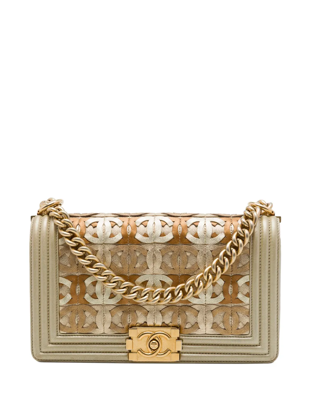 CHANEL Pre-Owned 2014-2015 Old Medium Quilted Metallic Lambskin Interwoven CC Boy Flap crossbody bag - Oro