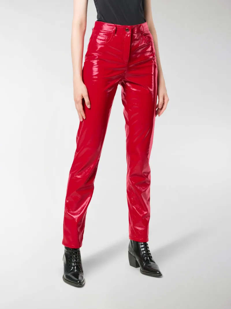 red faux leather trousers