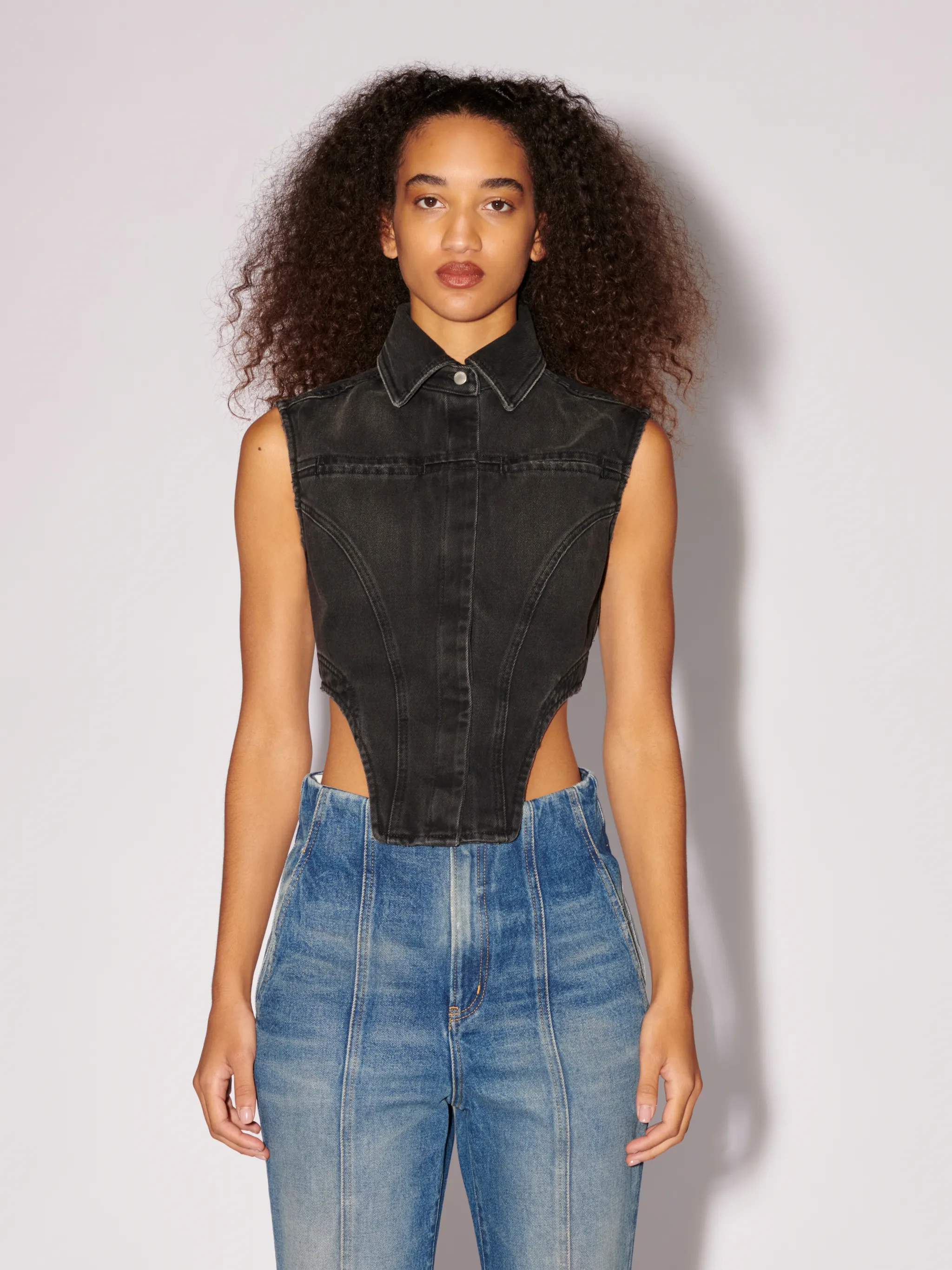 curved-hem denim top