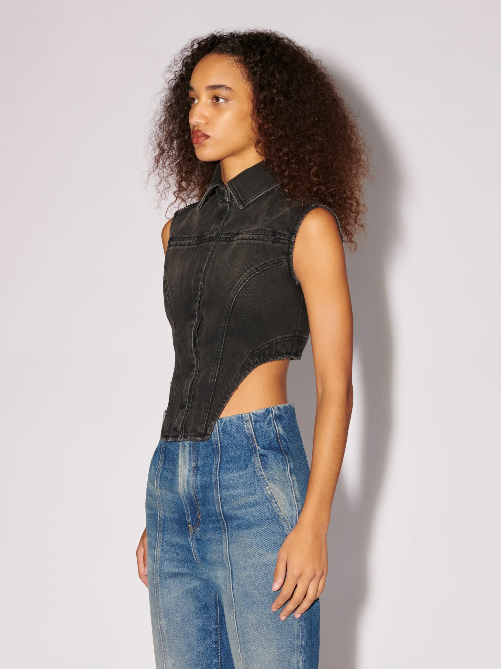 curved-hem denim top