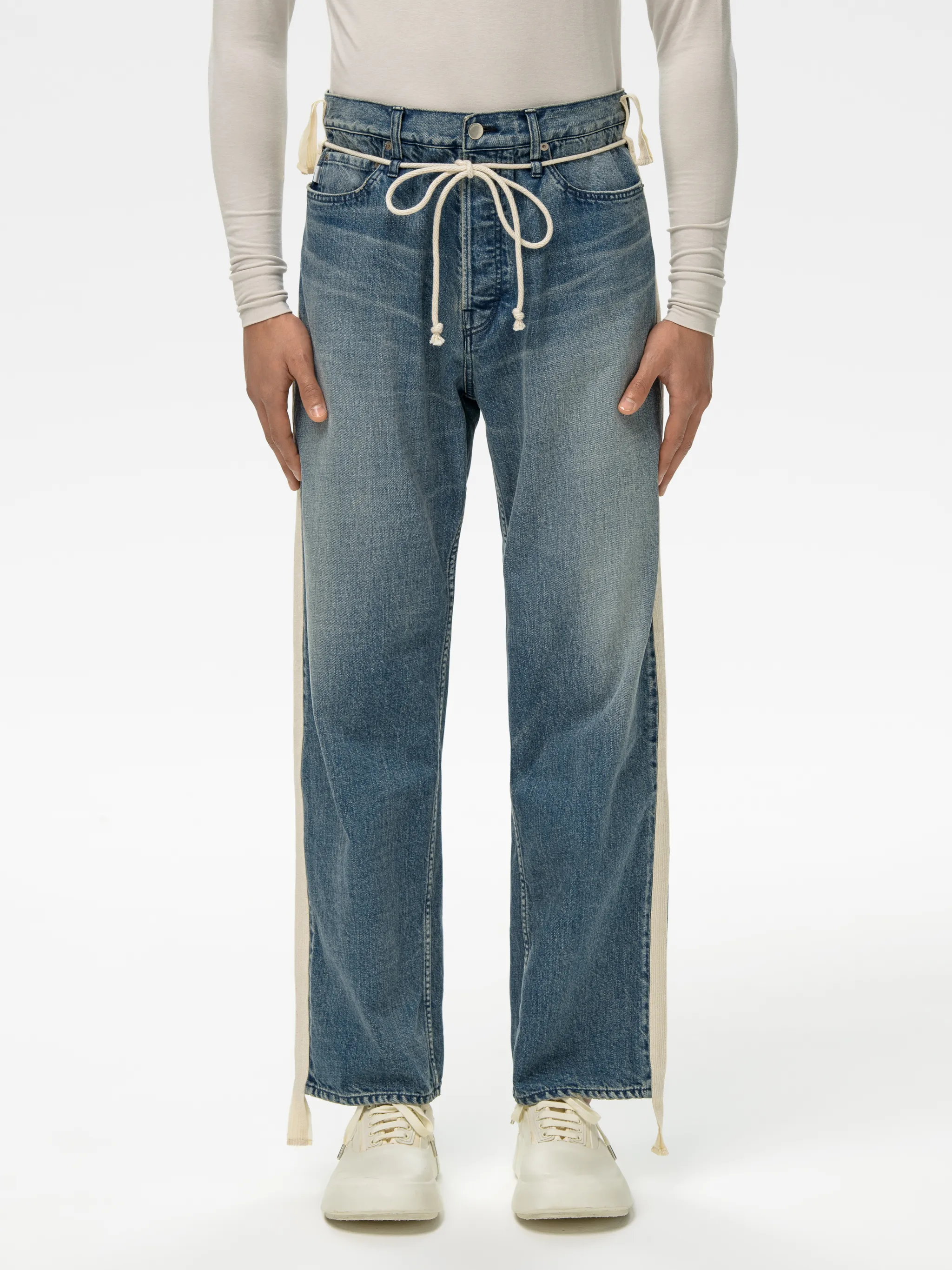 DRAWSTRING SIDE-TAPED DENIM PANTS