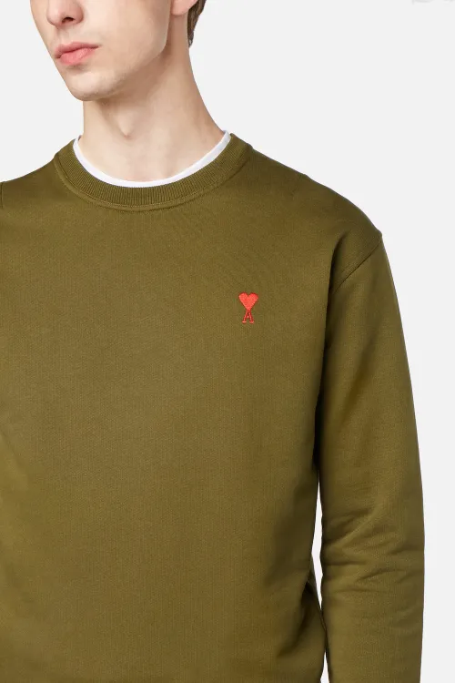 Green Crew Neck Sweatshirt With Red Ami De Coeur Embroidery | AMI