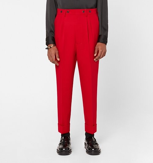 Red Pleated Straight Fit Cuffed Hem Trousers