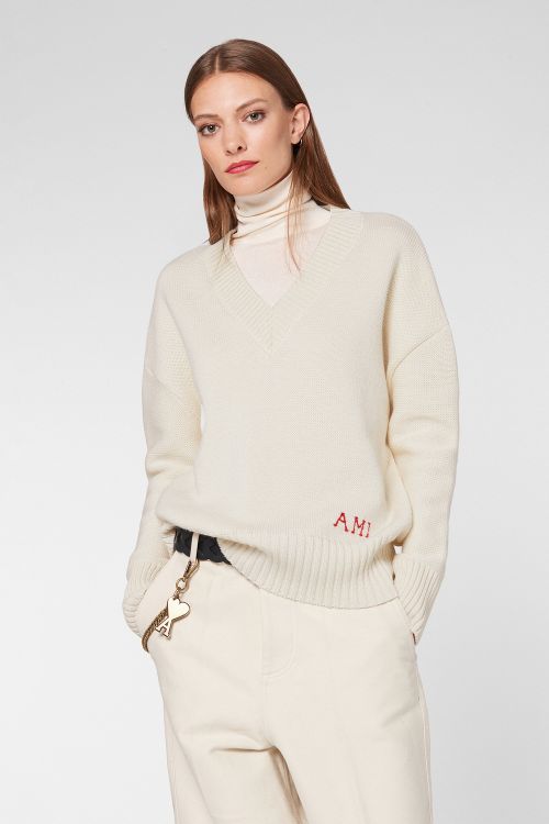 White Women's V Neck Oversize Sweater - AMI PARIS OFFICIAL IS