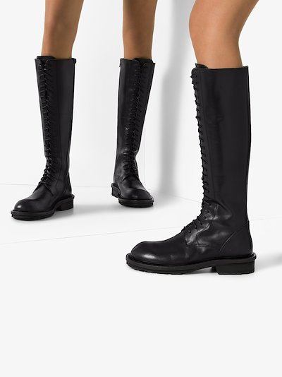 black leather knee high lace up boots