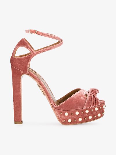 pink velvet heeled sandals
