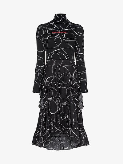 Balenciaga Vip Abstract Pattern Logo Silk Dress Browns