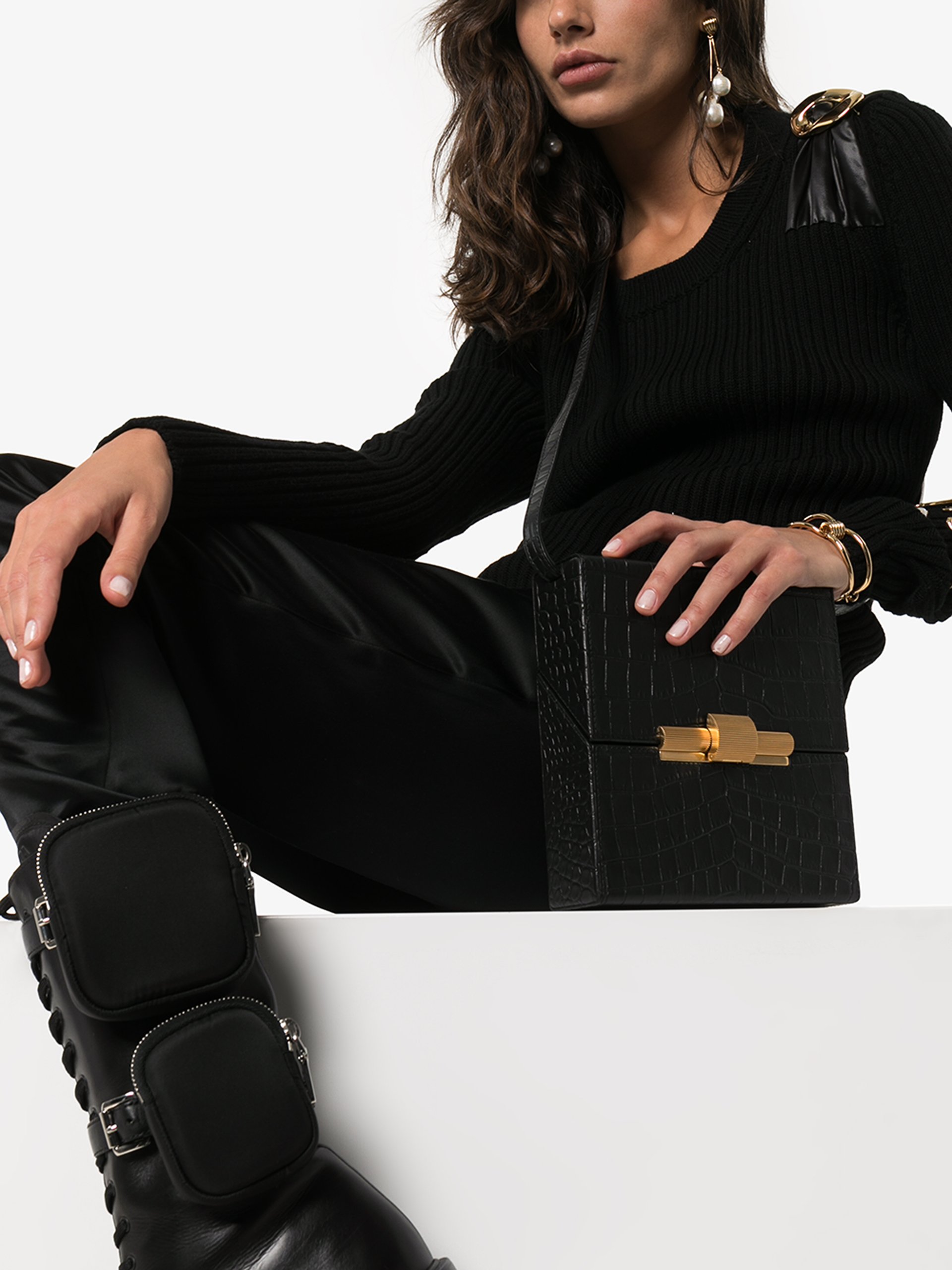 Download Bottega Veneta Black boxy mock croc cross body bag | Browns